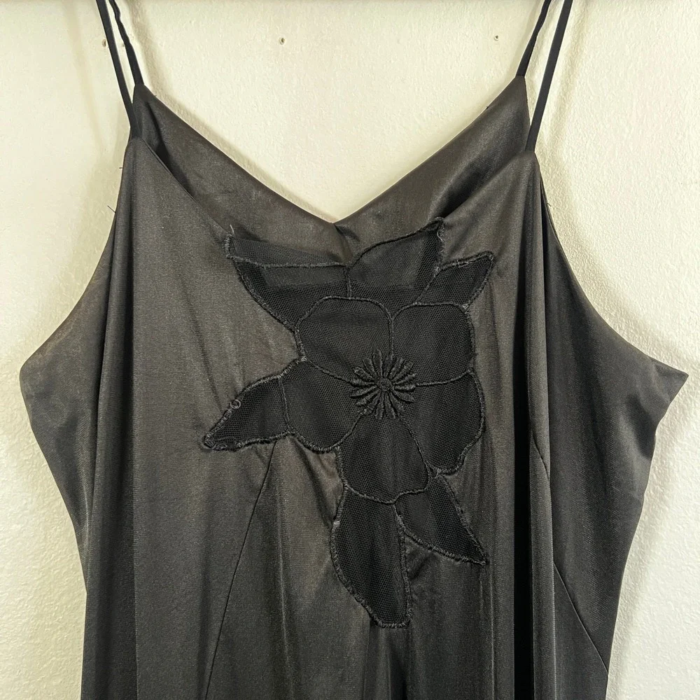 VTG 90s Nylon Slip Maxi Dress Sz Large Black Mesh Whimsigoth Dark‎ Fairy
